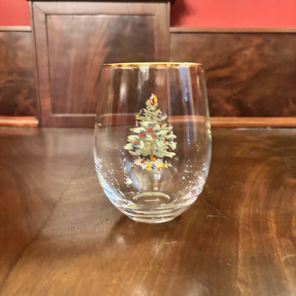Spode Christmas Tree Stemless Wine Glasses Gold Trim Holiday Cocktail Set of‎ 2